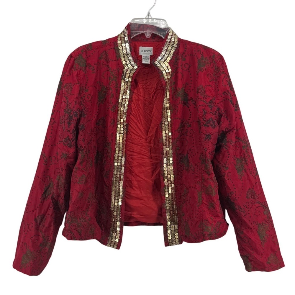 Chicos‎ Red Silk Jacket Beaded Size 2 Statement Asian Artsy Eclectic Unique Glam